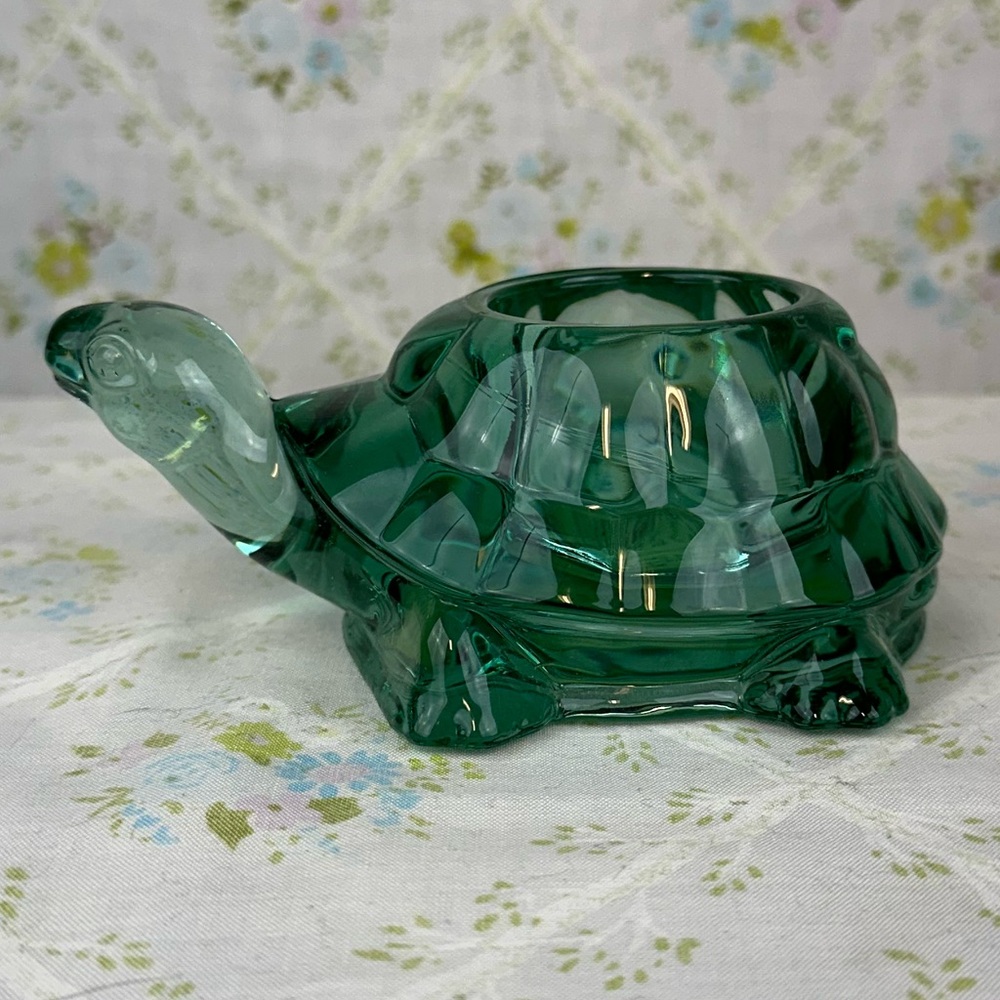 Vintage Indiana Glass Green Turtle Candle Holder Paperweight